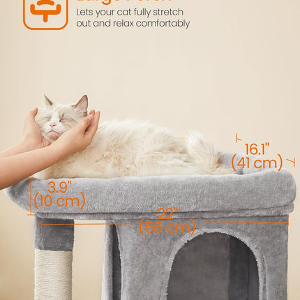 Cat Tree, 33.1-Inch Cat Tower, Plush Condo for Large Cats up to 16 Lb, Large Perch, 2 Caves, Scratching Post, Light Gray UPCT61W