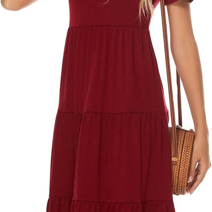Women'S Casual Summer Tiered Midi Dress 2025 Short Sleeve V-Neck Loose Cotton Ruffle Babydoll Dress Boho Sundress
