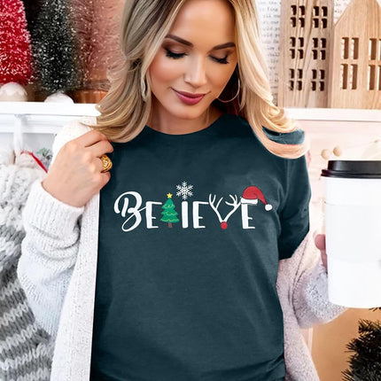 Christmas Shirt for Women Believe Letter Print T Shirts Asual Retro Holiday Short Sleeve Pullover Tops Xmas Gift