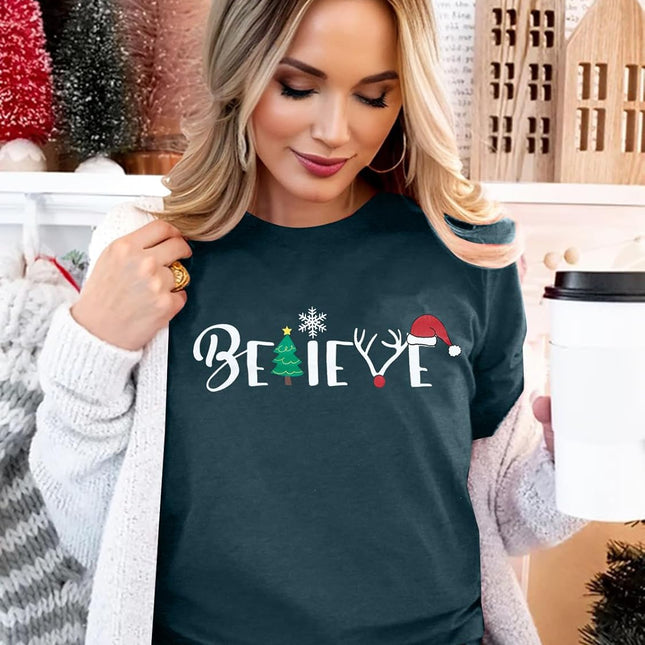 Christmas Shirt for Women Believe Letter Print T Shirts Asual Retro Holiday Short Sleeve Pullover Tops Xmas Gift