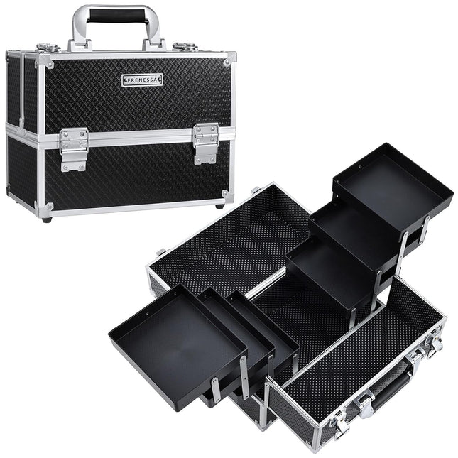 Makeup Train Case Makeup Case 11.8 Inch Large Cosmetic Box Organizer Travel Storage Professional Make up Train Carrying Case with 6 Trays Locking Hard Vanity Storage Black