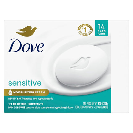 Dove Fragrance-Free Beauty Bar - Enhanced Moisturization for Softer Skin, Hypoallergenic Formula for Sensitive Skin, Gentle Cleanser, 3.75 Oz, Pack of 14 Bars