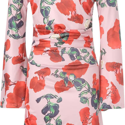 Women Sexy Criss Cross Halter Y2K Mini Dress with Gloves Cutout Vintage Short Bodycon Party Night Club Outfits Floral M
