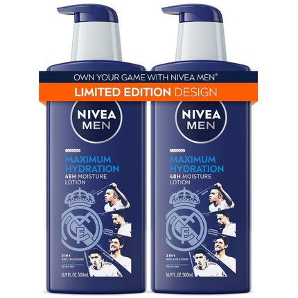 MEN Real Madrid Limited Edition Maximum Hydration Body Lotion for Dry Skin with Aloe Vera, 3-in-1 Formula for Body, Face, and Hands, 16.9 Fl Oz Bottle, Pack of 2