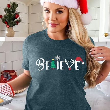 Christmas Shirt for Women Believe Letter Print T Shirts Asual Retro Holiday Short Sleeve Pullover Tops Xmas Gift