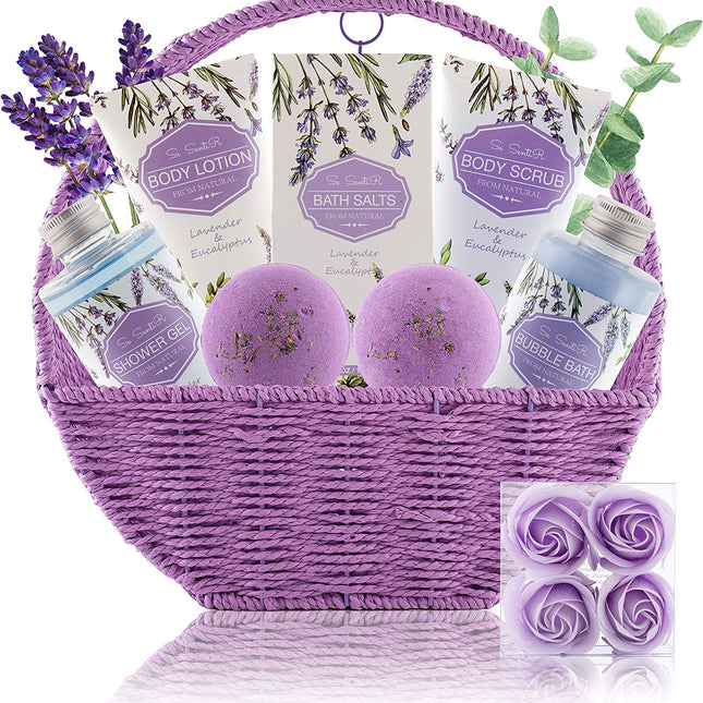 Spa Gift Baskets for Women - Holiday Christmas Gifts for Mom - Relaxing at Home Spa Kit in Lavender Eucalyptus - 12 Pc Home Bath Set Body Lotion Bubble Bath Bombs Bath Salts Shower Gel