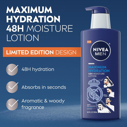MEN Real Madrid Limited Edition Maximum Hydration Body Lotion for Dry Skin with Aloe Vera, 3-in-1 Formula for Body, Face, and Hands, 16.9 Fl Oz Bottle, Pack of 2