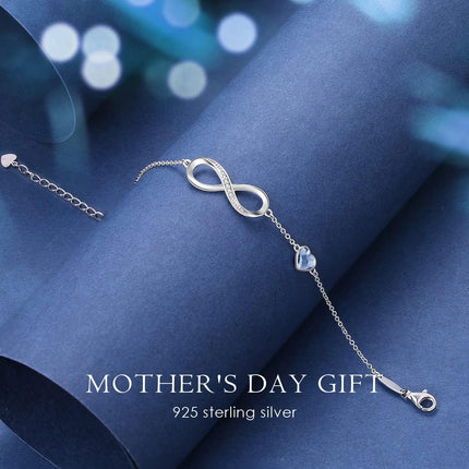 Mothers Day Gift Infinity Heart Birthstone Charm Link Bracelet for Women 925 Sterling Silver Adjustable Mother'S Day Valentine'S Day Christmas Day Gift Anniversary Birthday Jewelry for Wife Girlfriend Her