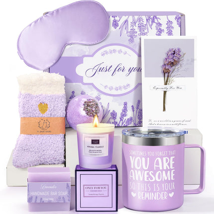 Birthday Gifts for Women Lavender Spa Gift Basket Set for Women Self Care Relaxing Bath Set Purple Gifts Valentines Gifts Inspirational Gift for Mom Wife Her Female Sister Teacher Best Friend Coworker by Gilded Grace