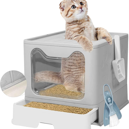 Large Top Entry Cat Litter Box with Lid, Foldable Cat Litter Box with Scoop, Extra Large Cat Litter Box Covered, Anti-Splashing Enclosed Cat Toilet Box(Gray)