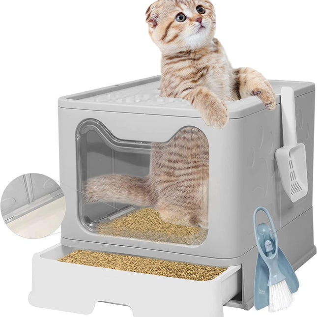Large Top Entry Cat Litter Box with Lid, Foldable Cat Litter Box with Scoop, Extra Large Cat Litter Box Covered, Anti-Splashing Enclosed Cat Toilet Box(Gray)