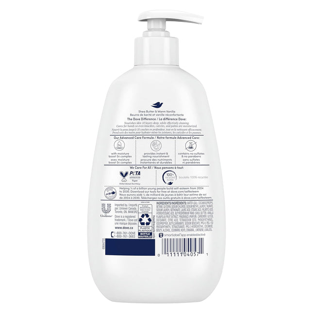 Dove Advanced Care Shea Butter & Warm Vanilla Hand Wash, 4-Pack - 12 Oz Each for Enhanced Moisturization and Soft, Smooth Skin