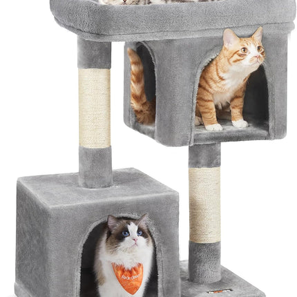Cat Tree, 33.1-Inch Cat Tower, Plush Condo for Large Cats up to 16 Lb, Large Perch, 2 Caves, Scratching Post, Light Gray UPCT61W