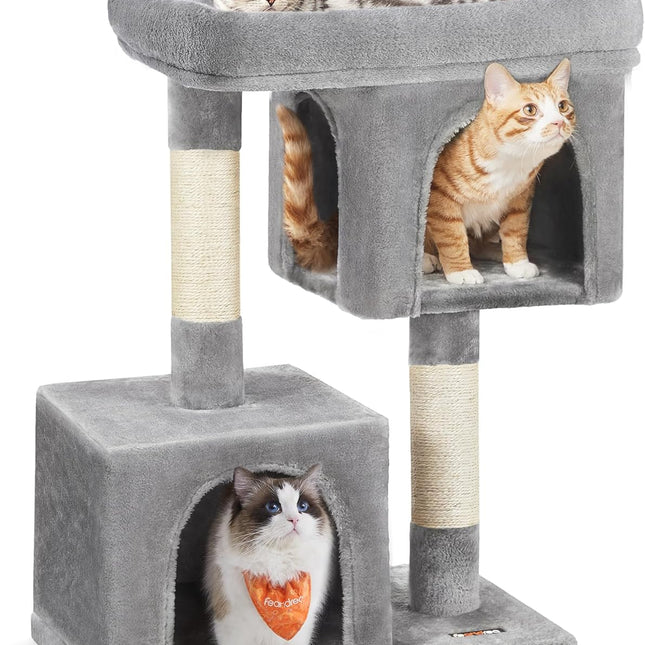 Cat Tree, 33.1-Inch Cat Tower, Plush Condo for Large Cats up to 16 Lb, Large Perch, 2 Caves, Scratching Post, Light Gray UPCT61W