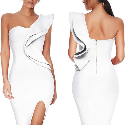 One Shoulder Ruffle Dress Side Split Bodycon Bandage Dress Wedding Guest Dress