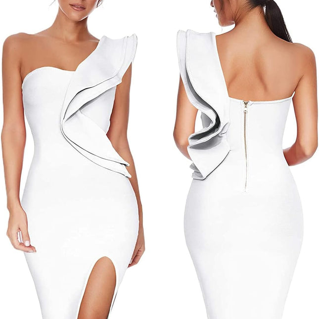 One Shoulder Ruffle Dress Side Split Bodycon Bandage Dress Wedding Guest Dress