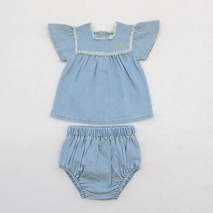 Ali Co SS26 Blue Denim collection Cotton boys girls outfits dress skirt shirt and overalls by Gilded Grace