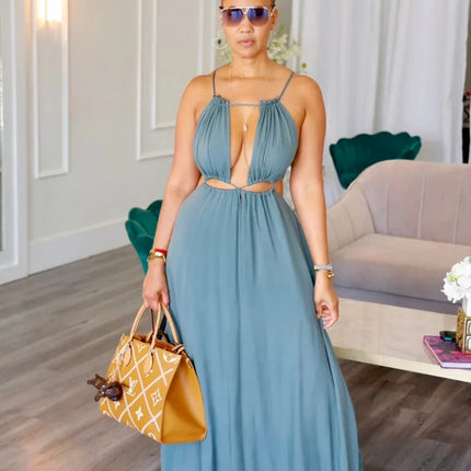 2025 Women's Dress Summer Holiday Solid Long Dresses Sexy Drawstring Lace Up Sleeveless Vestidos Para Mujer Club Party Outfits by Gilded Grace