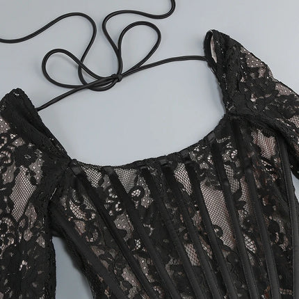Women's Sexy Strapless Lace Corset Mini Dress Sleeveless Lace-up Adjusted Draped Black Bodycon Dresses Elegant Party Club Gowns by Gilded Grace
