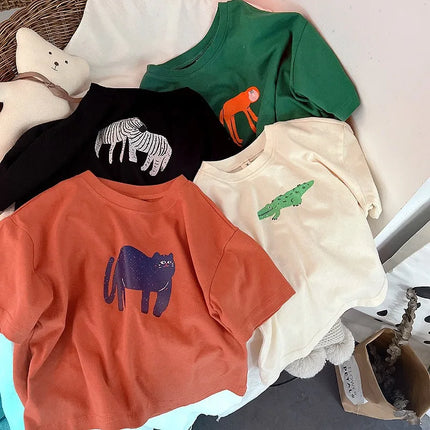 Animal Pattern Baby Boys Girls Short Sleeve Tops Kids Tees Summer Clothing Loose Fashion Trendy Children's Wear T-shirt O-neck by Gilded Grace