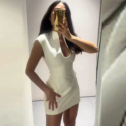 Elegant Slim Women's Dress Stand Collar Hollow Out Sleeveless Waist-Closed Lady Mini Dresses 2026 Spring Summer Female Robe by Gilded Grace