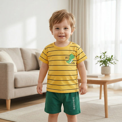 Summer Casual Baby Set Dinosaur Style Stripe T-shirt+Shorts 2Pcs Clothes for Boys Girls Soft Cotton Infant Outfit by Gilded Grace