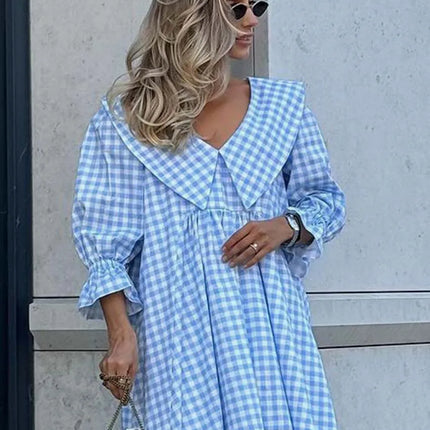 Oymimi Elegant Blue Cotton Dresses 2024 Women Fashion Print Three Quarter Sleeve Looes Dresses Casual New Pleated Mini Dress by Gilded Grace