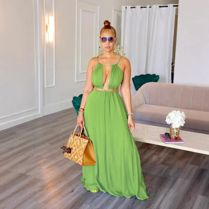 2025 Women's Dress Summer Holiday Solid Long Dresses Sexy Drawstring Lace Up Sleeveless Vestidos Para Mujer Club Party Outfits by Gilded Grace