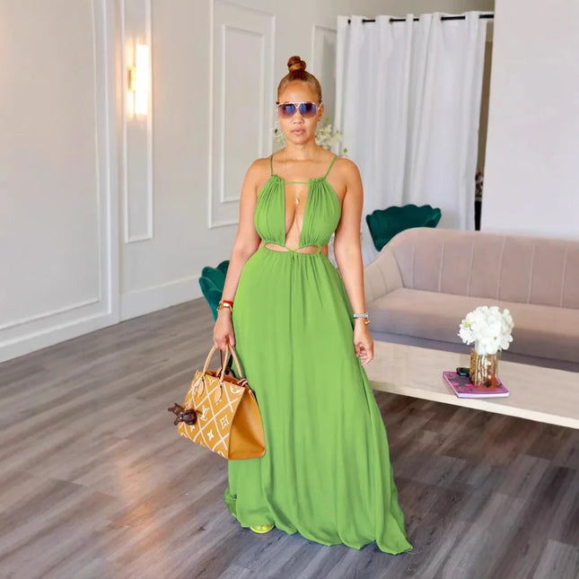 2025 Women's Dress Summer Holiday Solid Long Dresses Sexy Drawstring Lace Up Sleeveless Vestidos Para Mujer Club Party Outfits by Gilded Grace