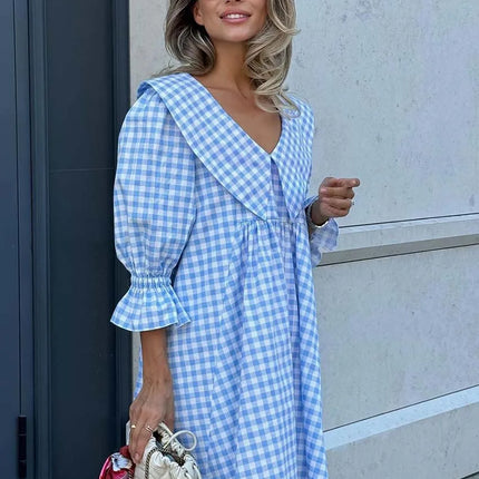 Oymimi Elegant Blue Cotton Dresses 2024 Women Fashion Print Three Quarter Sleeve Looes Dresses Casual New Pleated Mini Dress by Gilded Grace