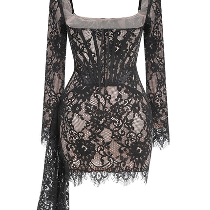 Women's Sexy Strapless Lace Corset Mini Dress Sleeveless Lace-up Adjusted Draped Black Bodycon Dresses Elegant Party Club Gowns by Gilded Grace
