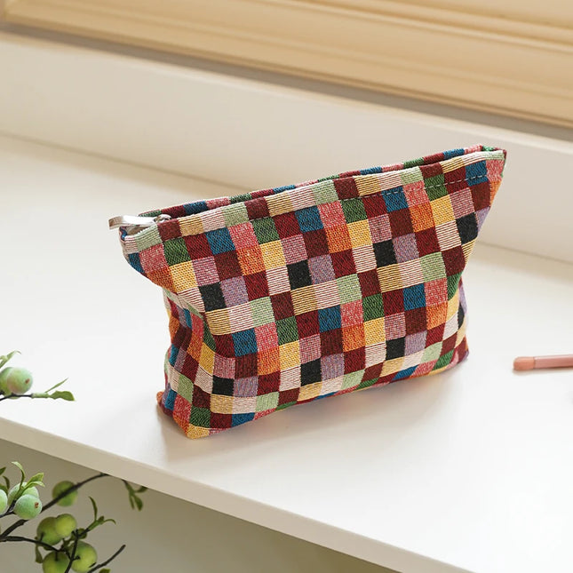 Colorful Checkered Women's Makeup Bag Large Capacity Makeup Lipstick Storage Bag Portable Travel Toiletry Bag Commuter Clutch by Gilded Grace