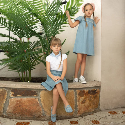 Ali Co SS26 Blue Denim collection Cotton boys girls outfits dress skirt shirt and overalls by Gilded Grace