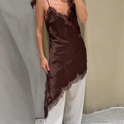 Sexy Lace Patchwork Sling Dress Women Satin Off-shoulder Sleeveless See Through Short Dresses Lady Casual Summer Party Gowns by Gilded Grace