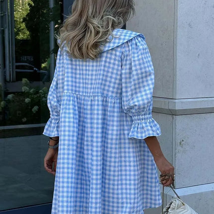 Oymimi Elegant Blue Cotton Dresses 2024 Women Fashion Print Three Quarter Sleeve Looes Dresses Casual New Pleated Mini Dress by Gilded Grace