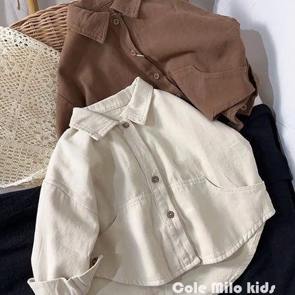 Korean boys' shirt long sleeved spring and autumn 2024 new girls' shirt baby top children's cardigan outdoor wear by Gilded Grace