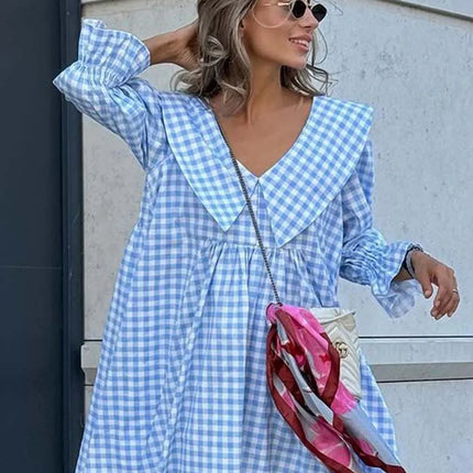 Oymimi Elegant Blue Cotton Dresses 2024 Women Fashion Print Three Quarter Sleeve Looes Dresses Casual New Pleated Mini Dress by Gilded Grace