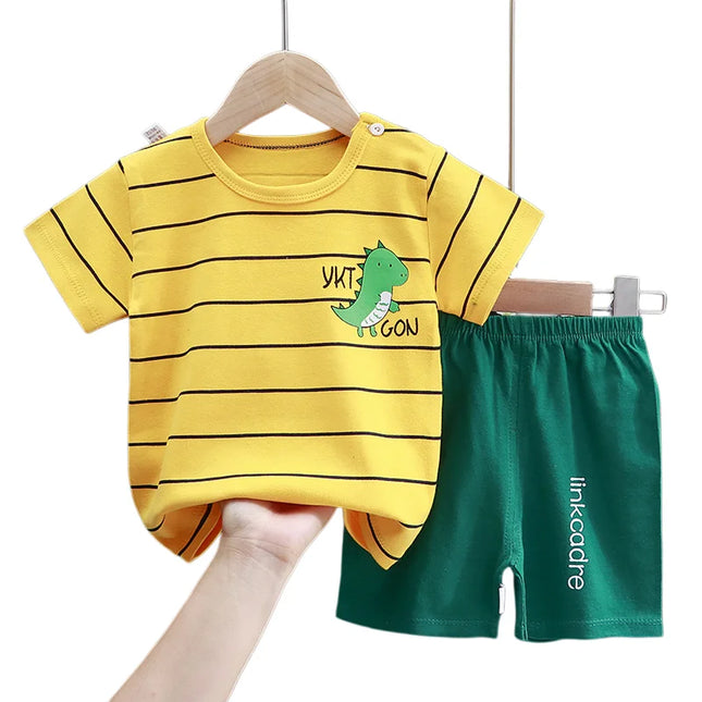 Summer Casual Baby Set Dinosaur Style Stripe T-shirt+Shorts 2Pcs Clothes for Boys Girls Soft Cotton Infant Outfit by Gilded Grace