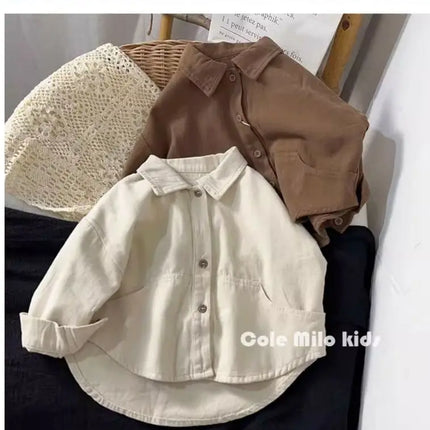 Korean boys' shirt long sleeved spring and autumn 2024 new girls' shirt baby top children's cardigan outdoor wear by Gilded Grace