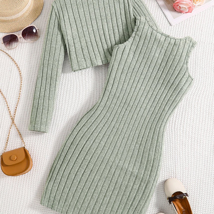 Spring and autumn new girls fashion knitted solid color pit strip mid-collar long-sleeved shirt + sleeveless vest casual dress 2 by Gilded Grace
