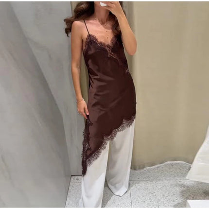 Sexy Lace Patchwork Sling Dress Women Satin Off-shoulder Sleeveless See Through Short Dresses Lady Casual Summer Party Gowns by Gilded Grace