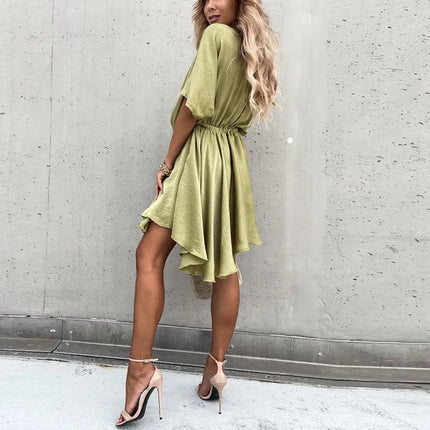 Sexy V Neck Dresses For Women Elegant Short Sleeve Solid A-line Loose Mini Dress Women Casual Beach Party Dress Boho 2022 by Gilded Grace