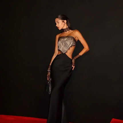 Sexy Strapless Lace Patchwork Satin Dress Women Sleeveless Backless Hollow-out Slim Maxi Dresses 2026 Lady Party Evening Robe by Gilded Grace
