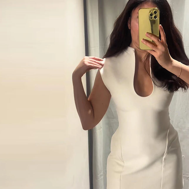 Elegant Slim Women's Dress Stand Collar Hollow Out Sleeveless Waist-Closed Lady Mini Dresses 2026 Spring Summer Female Robe by Gilded Grace