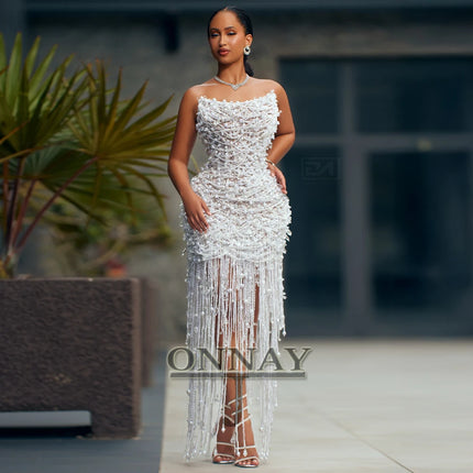 Customized Trendy Tassel Prom Dresses Pearls Strapless Beadings for Women Kuwait Saudi Arabric Gala Bespoke Vestidos De Fiesta by Gilded Grace