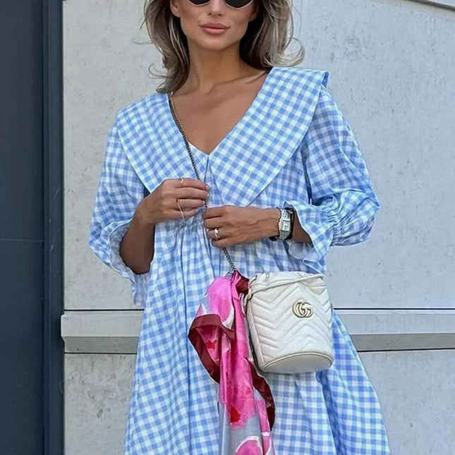 Oymimi Elegant Blue Cotton Dresses 2024 Women Fashion Print Three Quarter Sleeve Looes Dresses Casual New Pleated Mini Dress by Gilded Grace