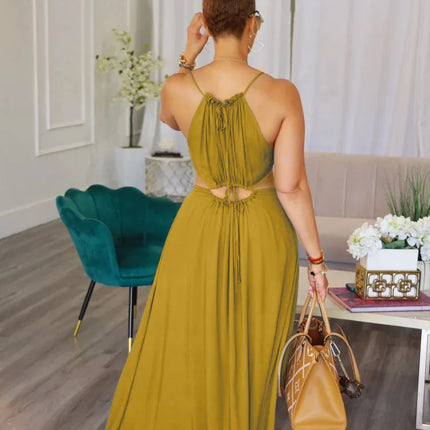 2025 Women's Dress Summer Holiday Solid Long Dresses Sexy Drawstring Lace Up Sleeveless Vestidos Para Mujer Club Party Outfits by Gilded Grace