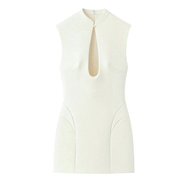 Elegant Slim Women's Dress Stand Collar Hollow Out Sleeveless Waist-Closed Lady Mini Dresses 2026 Spring Summer Female Robe by Gilded Grace