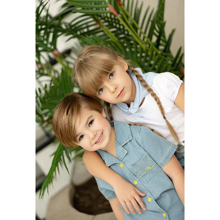 Ali Co SS26 Blue Denim collection Cotton boys girls outfits dress skirt shirt and overalls by Gilded Grace