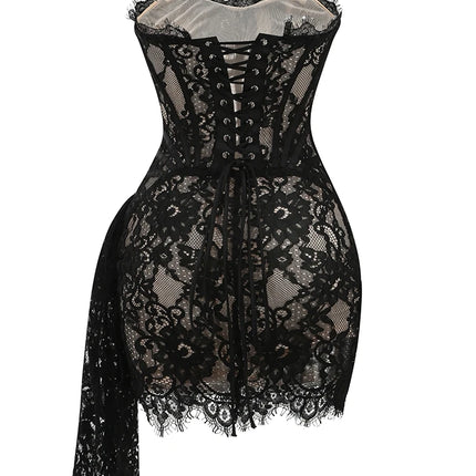 Women's Sexy Strapless Lace Corset Mini Dress Sleeveless Lace-up Adjusted Draped Black Bodycon Dresses Elegant Party Club Gowns by Gilded Grace